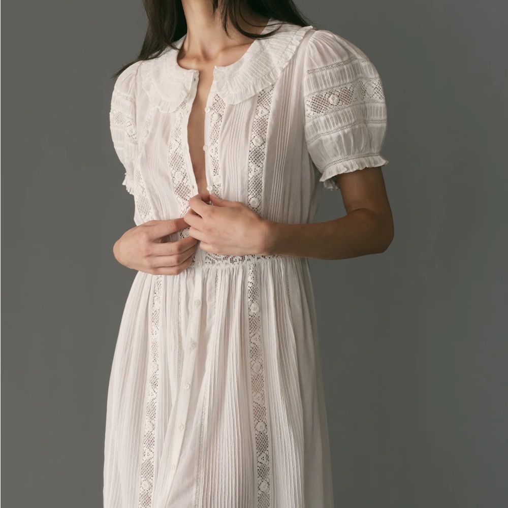 White Lace-Trim Puff Sleeve Dress - Picture 3 of 12